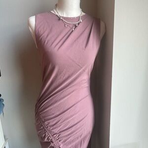 Zara Sleeveless Ruched Midi Dress in Mauve Pink